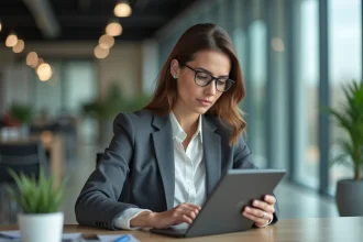 Femme d'affaires en r&eacute;union avec tablette dans un bureau moderne