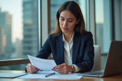 Femme d'affaires en costume bleu examine des documents
