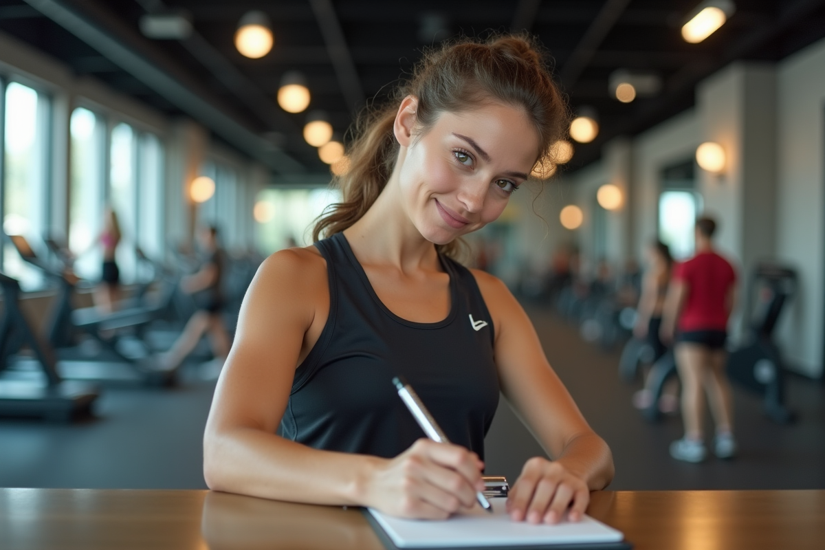 Femme concentrée prenant des notes dans un studio de fitness