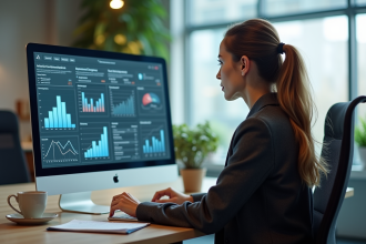 Jeune femme d'affaires analysant des graphiques sur un ordinateur