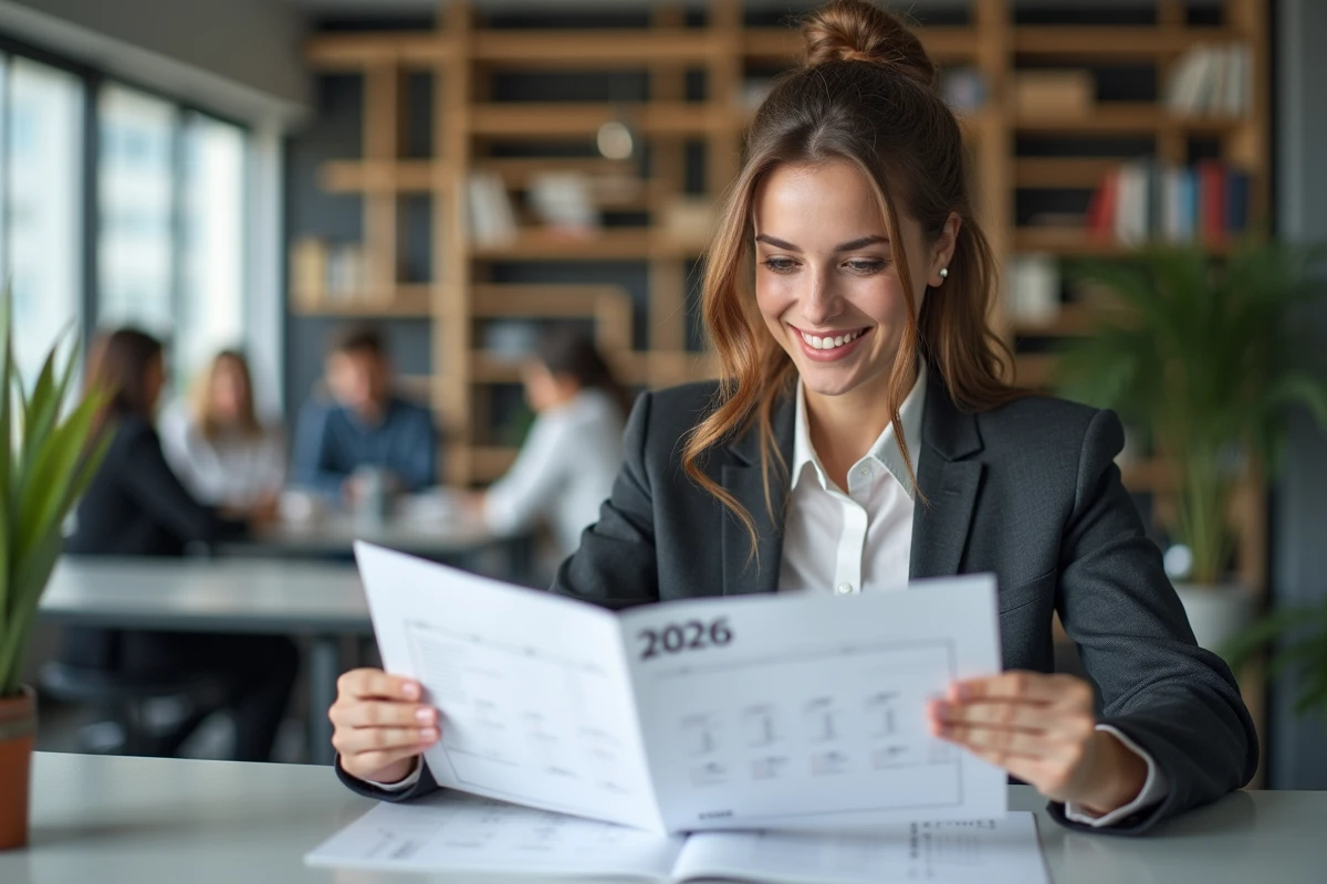 Jeune femme professionnelle regardant un calendrier 2026 au bureau
