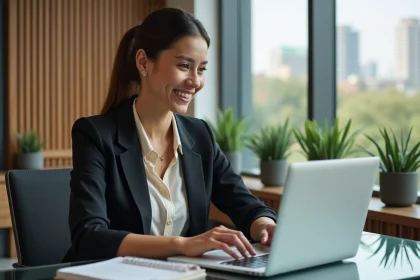 Femme confiante au bureau avec ordinateur et carnet
