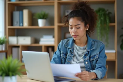 Femme assise &agrave; son bureau &agrave; la maison perplexe devant son ordinateur
