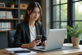 Femme en blazer assise à un bureau moderne pour marketing