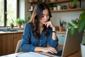 Jeune femme en blouse bleue regarde un tableau de bord en ligne