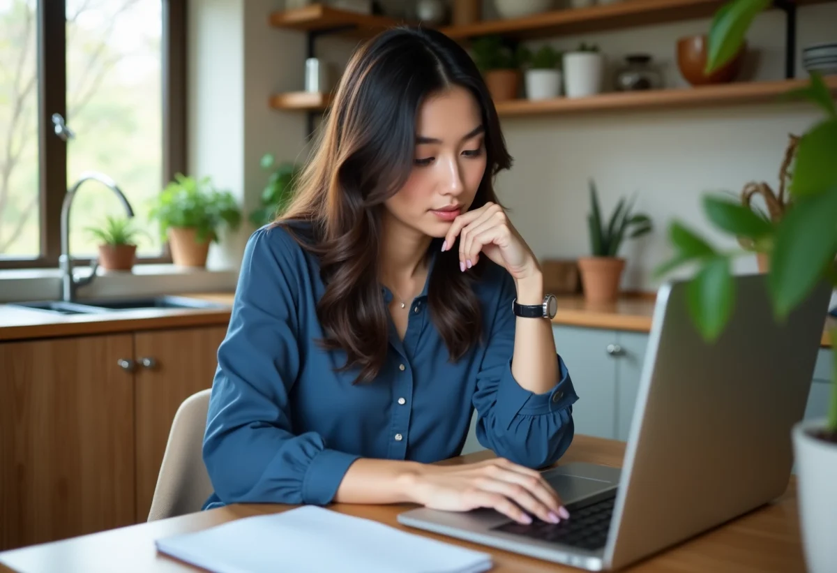 Jeune femme en blouse bleue regarde un tableau de bord en ligne