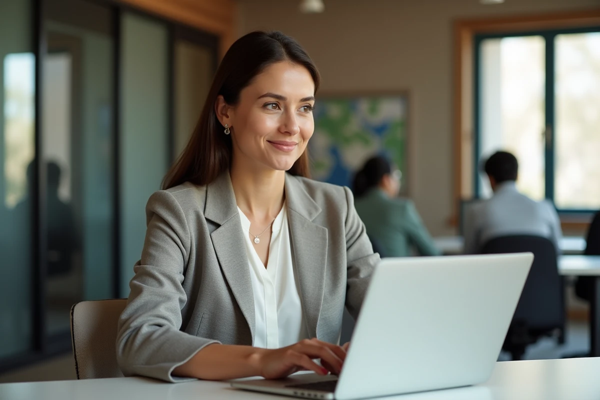 Femme confiante au bureau utilisant un ordinateur portable