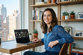 Femme en visioconference dans un bureau lumineux