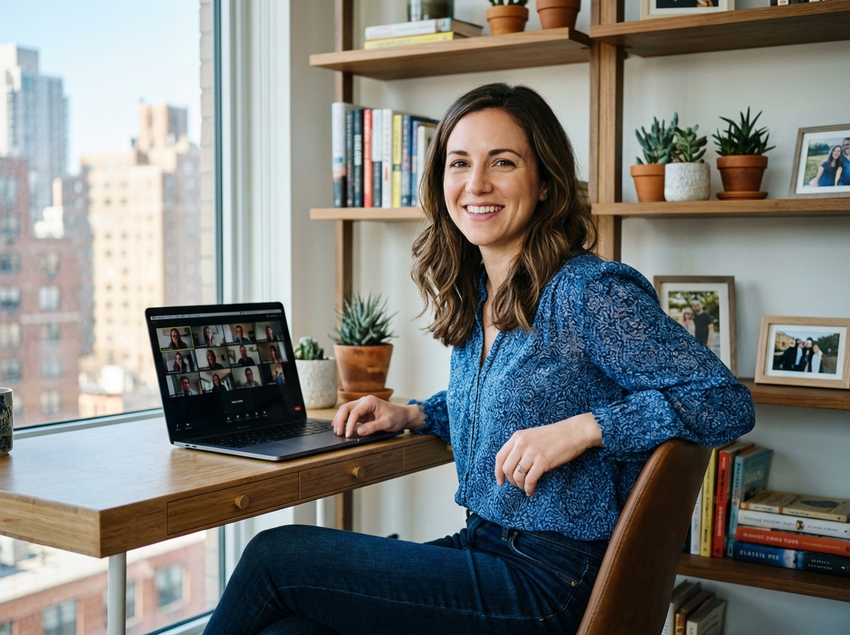 Femme en visioconference dans un bureau lumineux