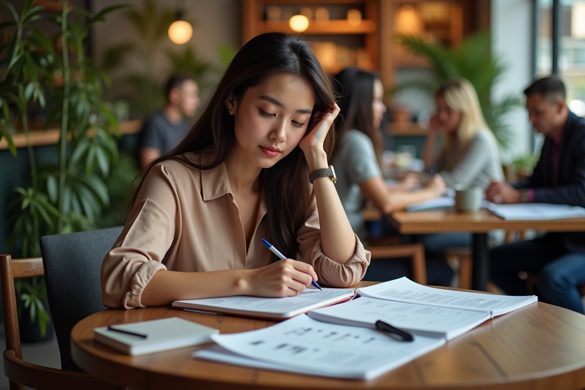 Jeune femme écrivant des plans marketing dans un café chaleureux