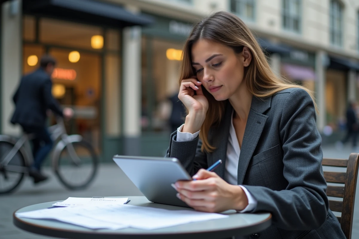 Jeune femme au café examinant une liste sur sa tablette