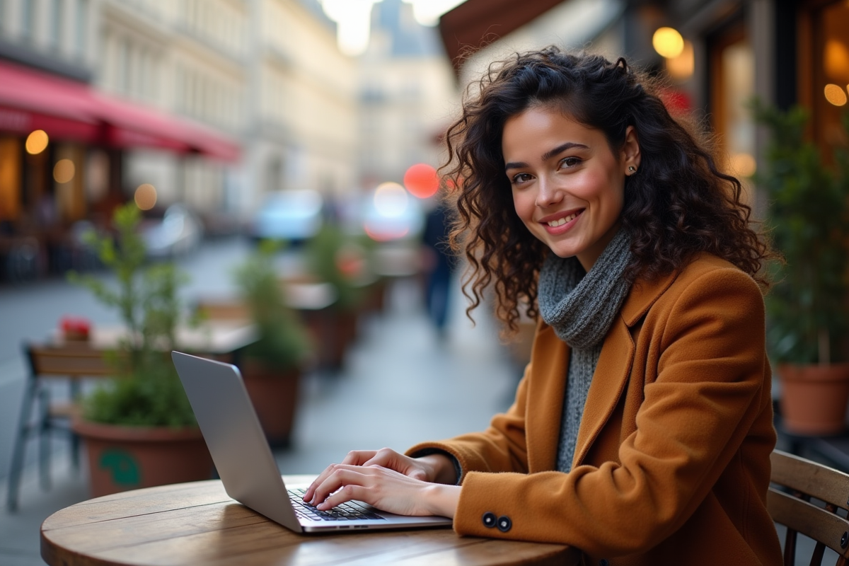 Femme travaillant sur son ordinateur dans un café parisien