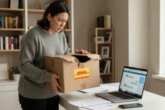 Femme tenant un colis DHL endommagé dans un bureau à domicile, illustrant un litige de livraison