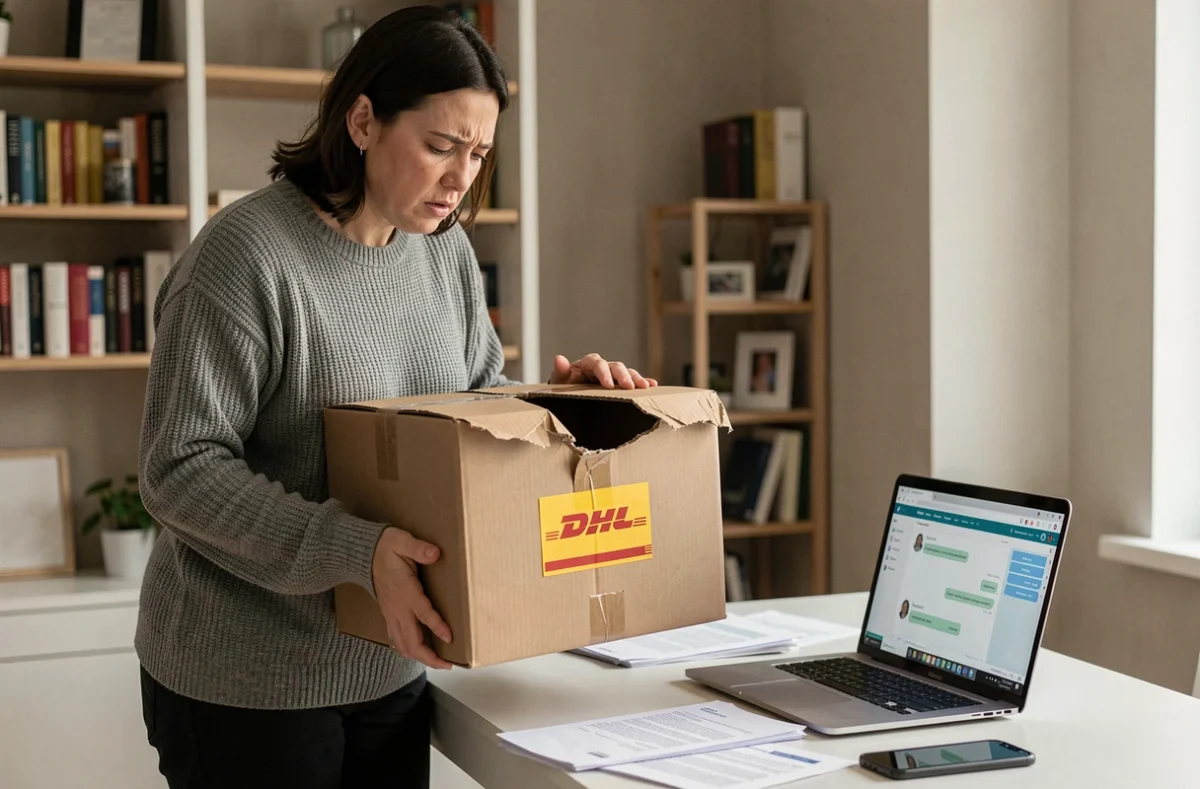 Femme tenant un colis DHL endommagé dans un bureau à domicile, illustrant un litige de livraison