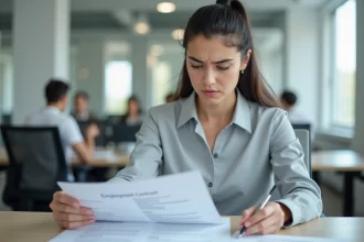 Femme en bureau examinant un contrat CDI avec la mention des 151,67 heures mensuelles