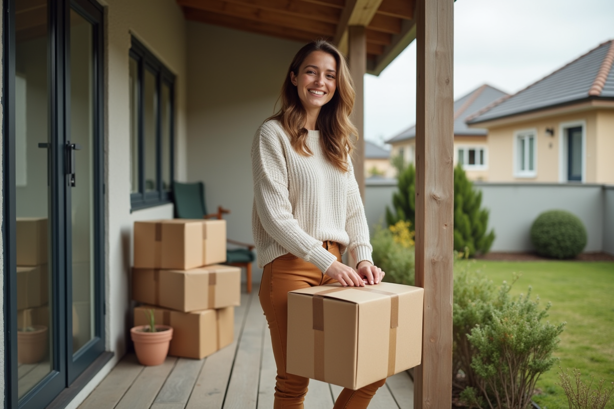 Jeune femme déballant des cartons devant sa maison de banlieue
