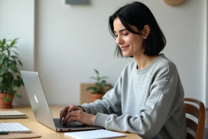 Femme utilisant une interface de chat IA sur son ordinateur portable dans un bureau à domicile moderne