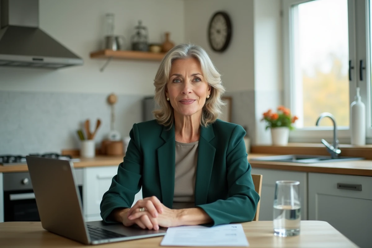 Femme d'une quarantaine d'années s'entraînant à répondre aux questions d'un entretien en visio depuis sa cuisine avec son CV imprimé