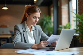 Femme entrepreneur en reconversion professionnelle consultant des aides financières pour créer son entreprise en 2026