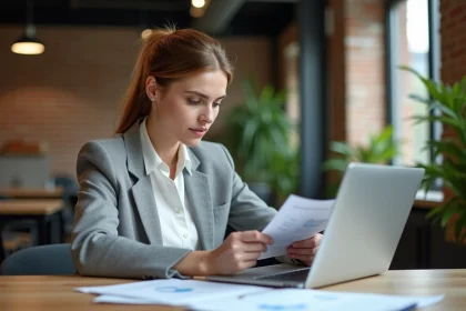 Femme entrepreneur en reconversion professionnelle consultant des aides financières pour créer son entreprise en 2026