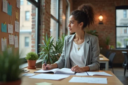 Femme entrepreneur en blazer gris travaillant sur un tableau de projet dans un espace de coworking avec murs en briques