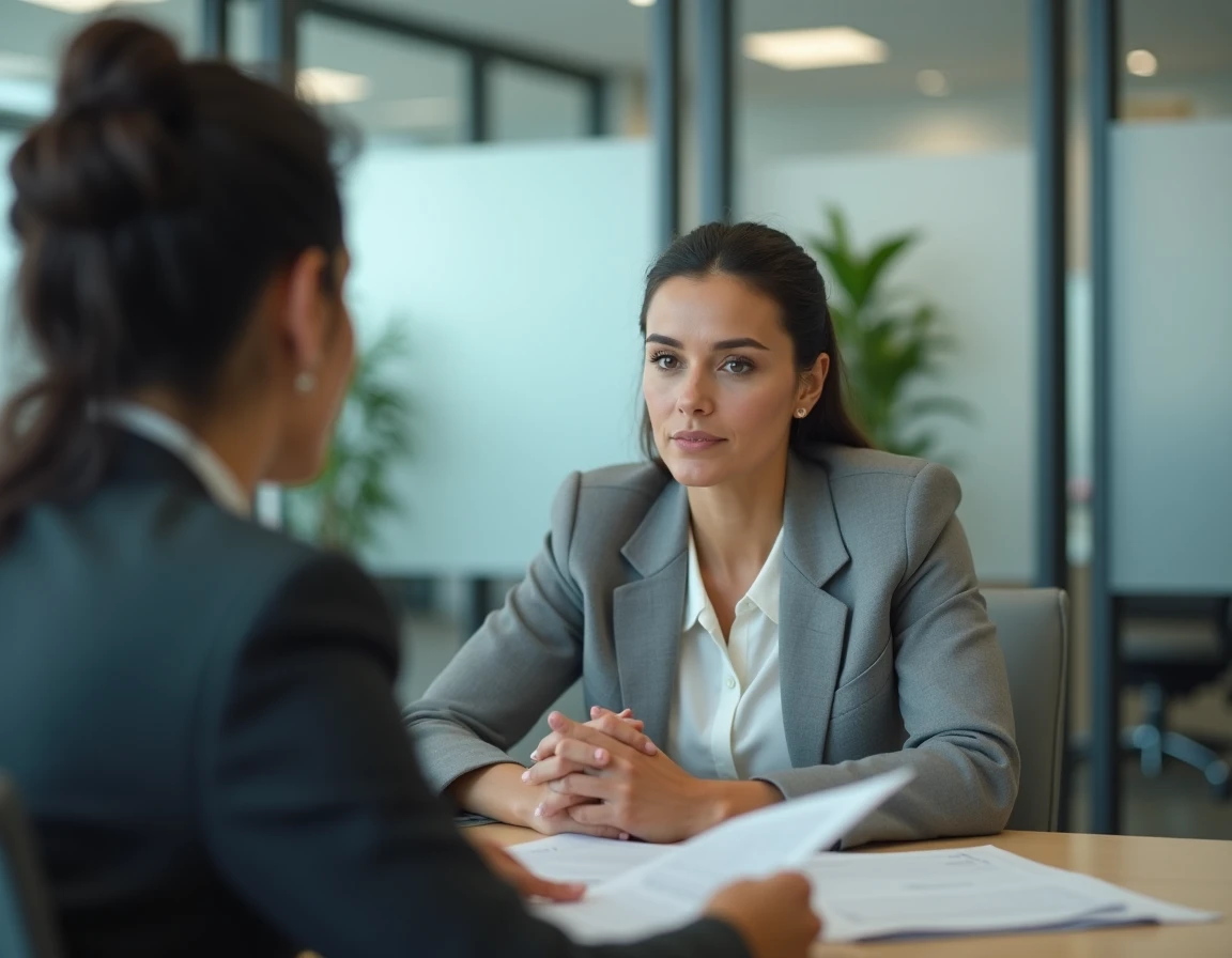 Femme en entretien avec un conseiller emploi dans une agence Pôle Emploi discutant du CSP
