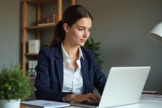 Femme en blazer marine préparant un entretien d'embauche en visioconférence sur son ordinateur portable à domicile
