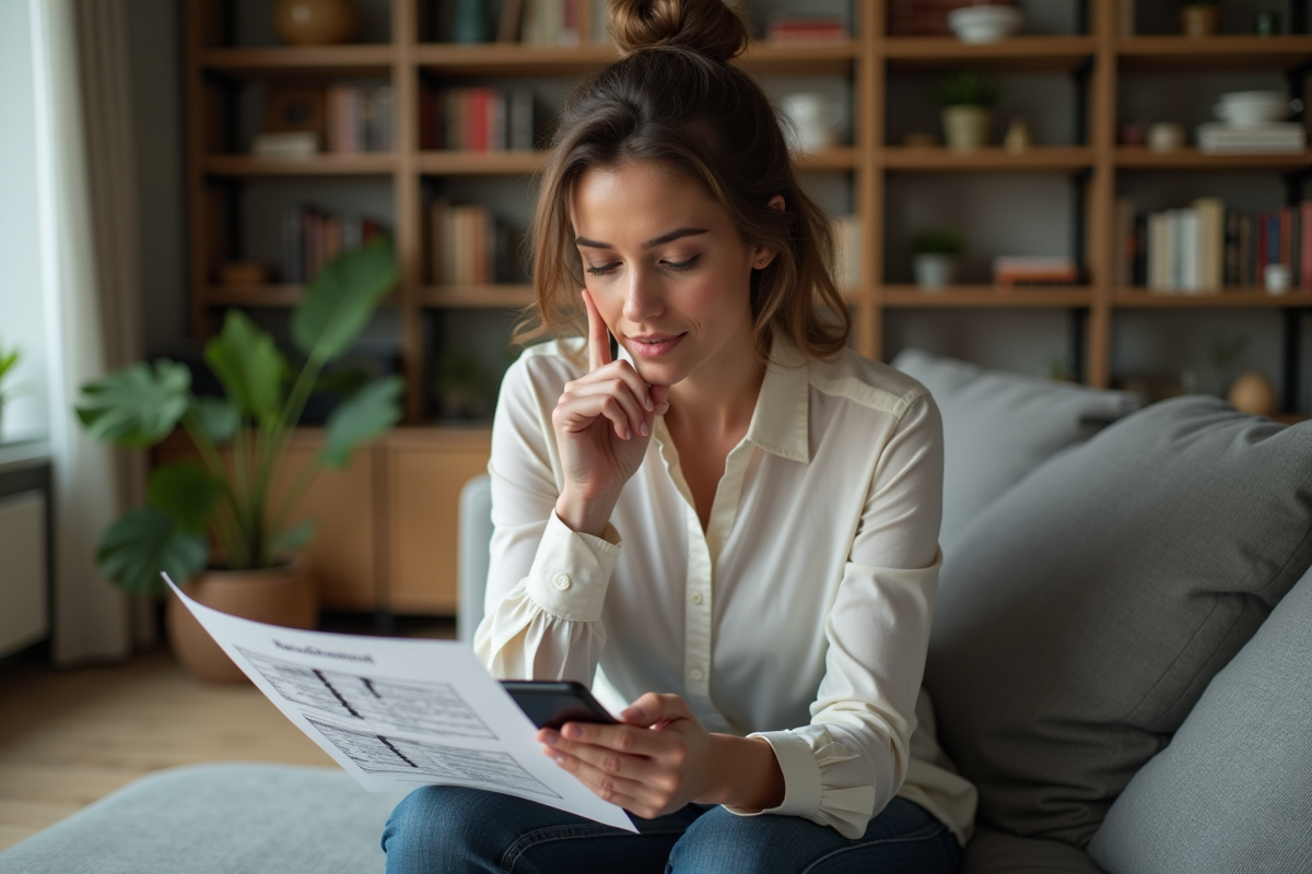 Femme réfléchissant à des annonces immobilières dans son salon