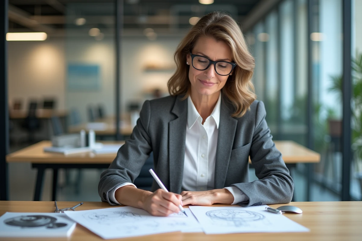 Femme confiante en bureau professionnel examinant un document de brevet