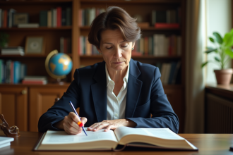 Femme d'âge moyen lisant un dictionnaire dans une bibliothèque