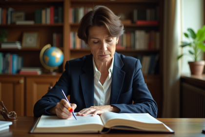Femme d'&acirc;ge moyen lisant un dictionnaire dans une biblioth&egrave;que