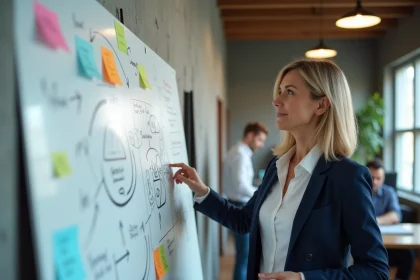 Femme professionnelle présentant un cadre de marketing mix sur un tableau blanc dans un bureau moderne