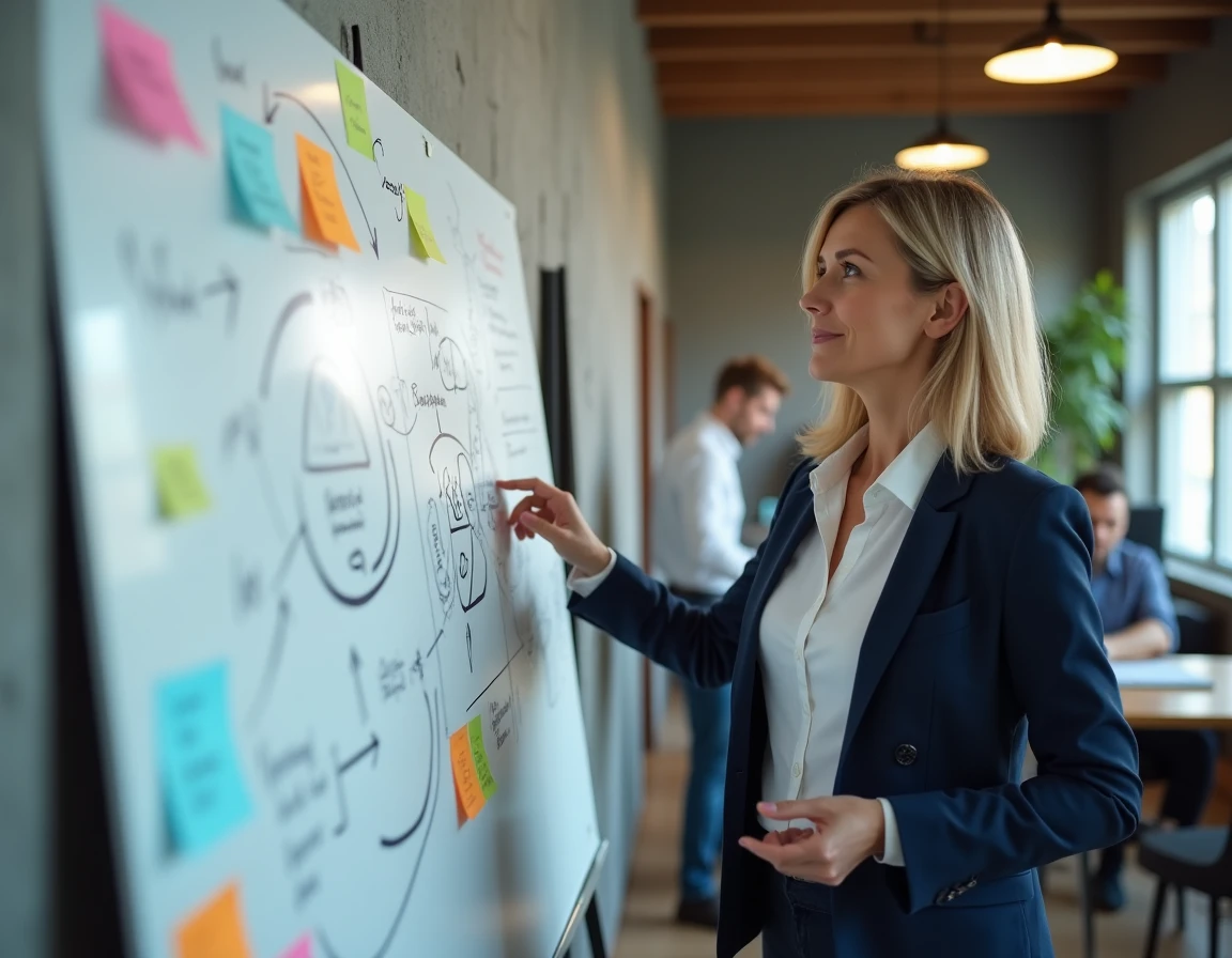Femme professionnelle présentant un cadre de marketing mix sur un tableau blanc dans un bureau moderne