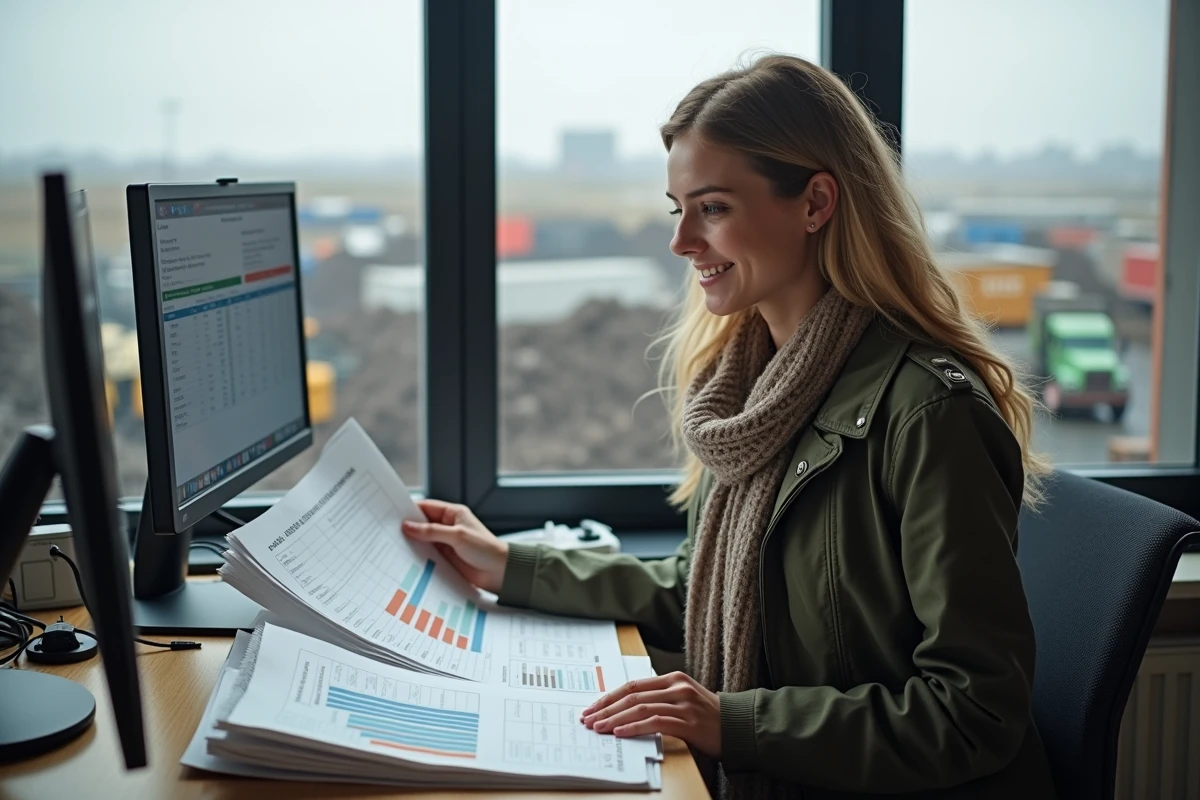 Jeune femme analysant des prix de m&eacute;taux dans un bureau moderne