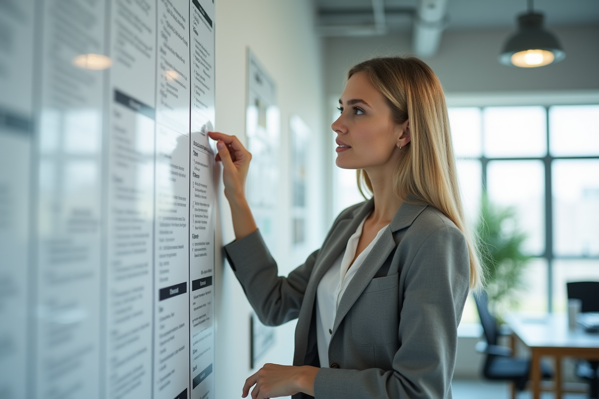 Jeune femme pointant un organigramme dans un espace professionnel