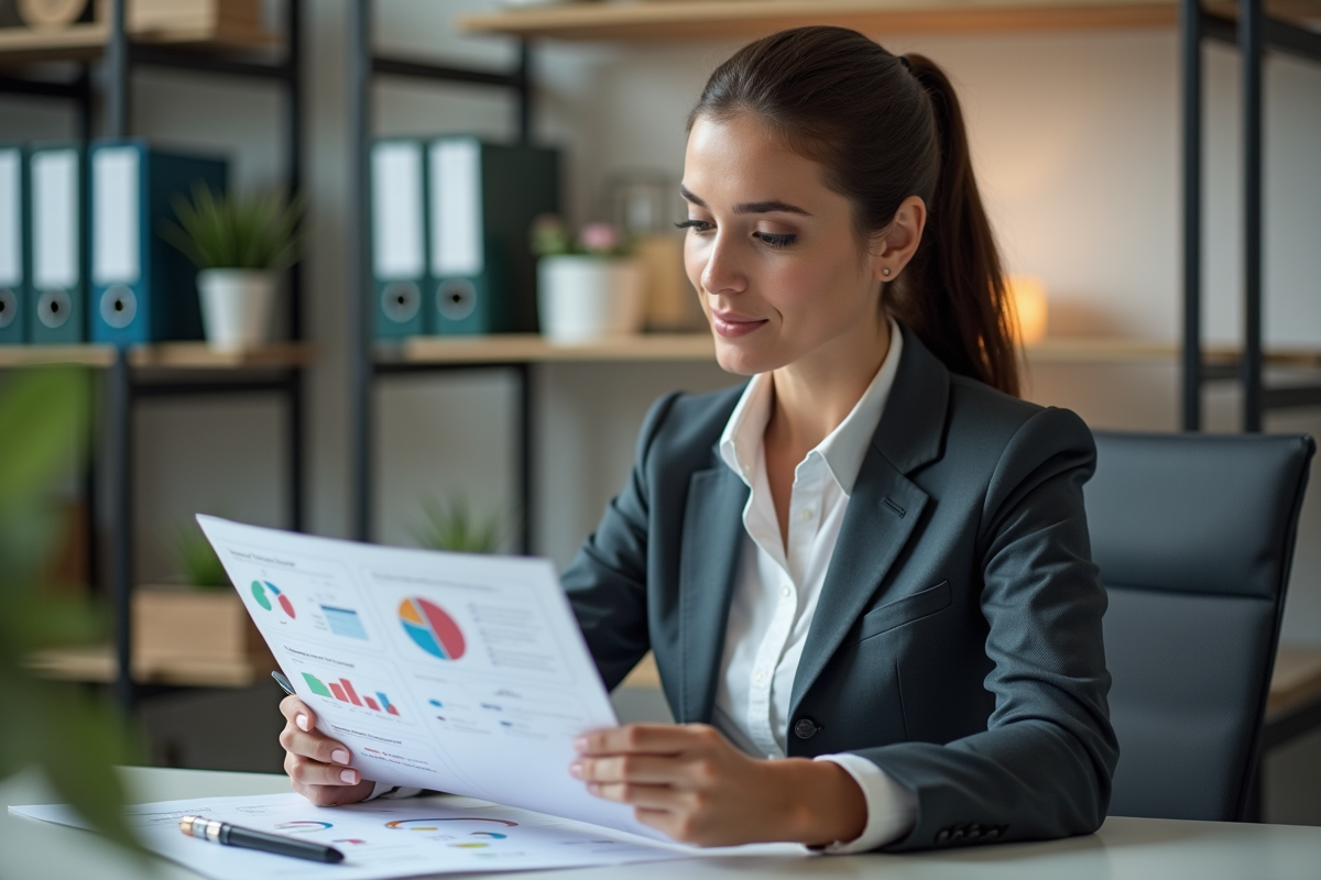 Femme d affaires concentrée sur un plan de projet au bureau