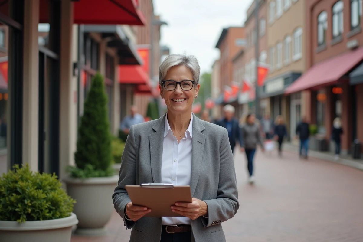 Femme souriante observant une équipe lors d’un événement urbain