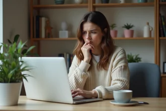 Femme préoccupée devant son ordinateur portable