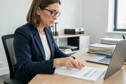 Femme professionnelle consultant un avis de situation au répertoire Sirene dans un bureau administratif moderne