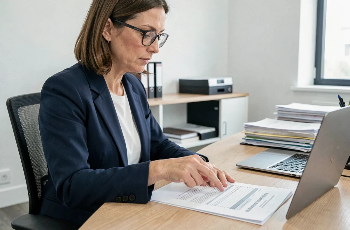 Femme professionnelle consultant un avis de situation au répertoire Sirene dans un bureau administratif moderne