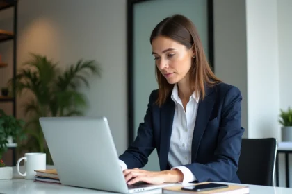 Femme d'affaires concentr&eacute;e au bureau avec ordinateur