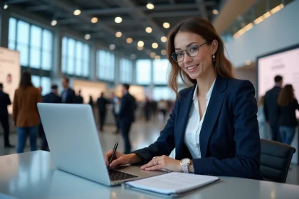 Femme en blazer navy lors d'une conf&eacute;rence professionnelle