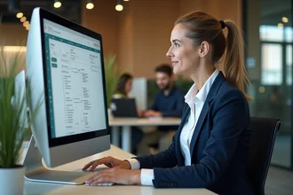Femme professionnelle analysant un outil d'optimisation organisationnelle sur un écran dans un bureau moderne