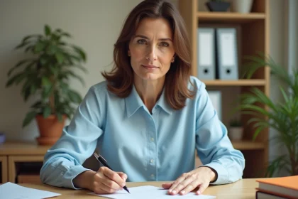 Femme rédigeant une lettre recommandée de résiliation à son bureau à domicile