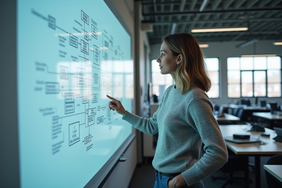 Femme scientifique examinant un diagramme sur un tableau blanc