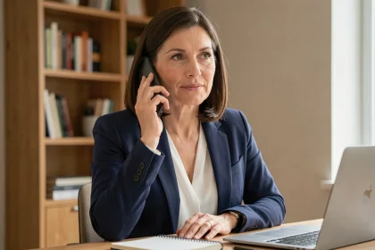 Femme contactant le service client France Télécom par téléphone depuis son bureau à domicile