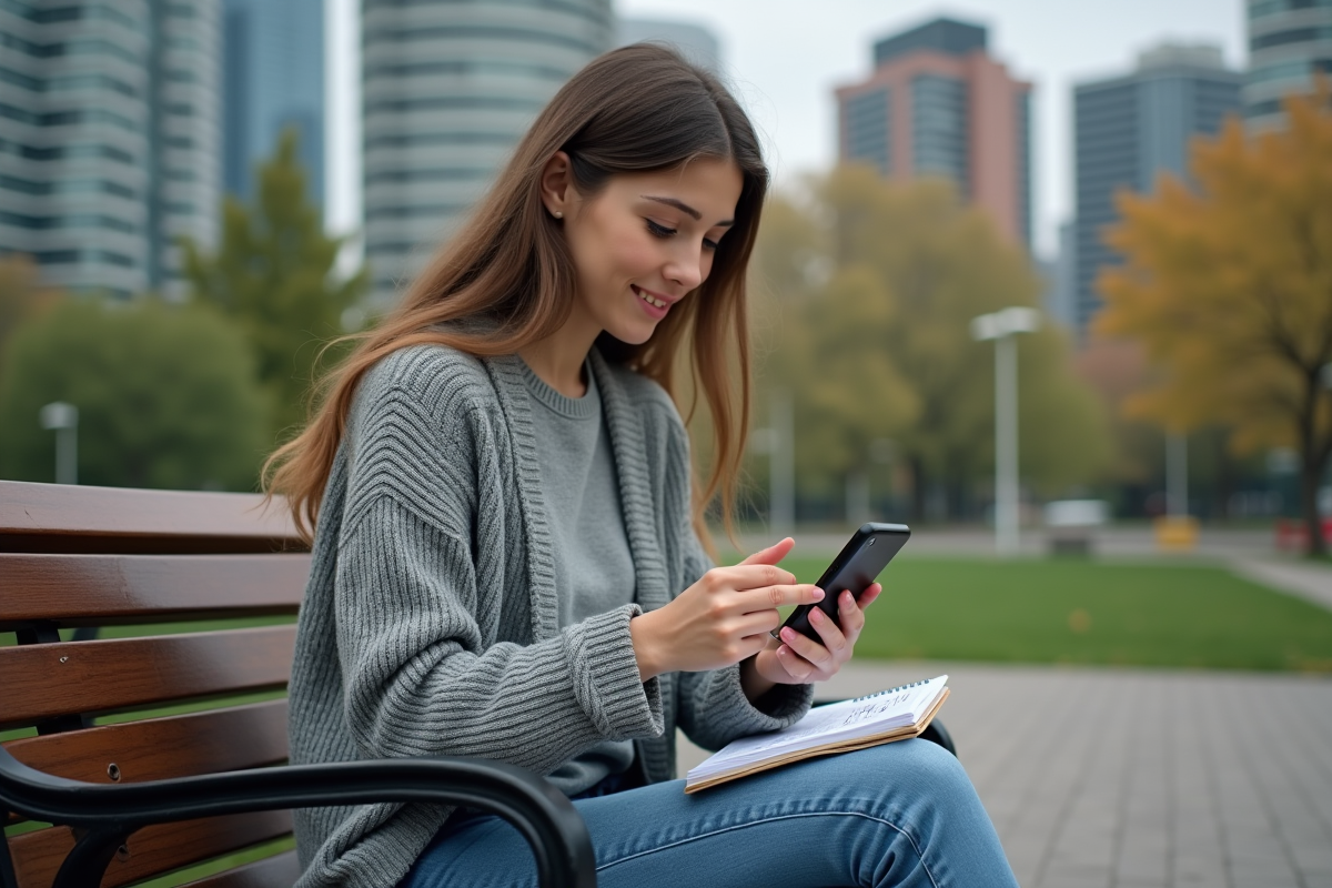 Femme vérifiant son portefeuille Bitcoin en plein air