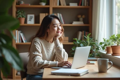 Jeune femme au bureau &agrave; domicile avec ordinateur et caf&eacute;