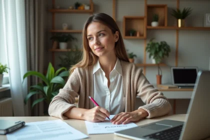 Femme en bureau organisant des documents ACRE
