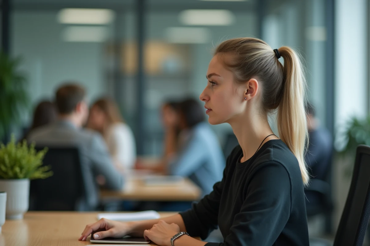 Jeune femme pensive observant une réunion derrière un mur